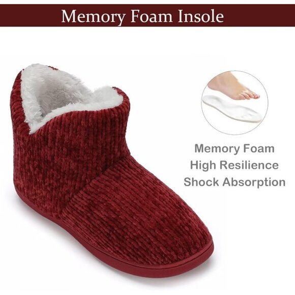 Women's Winter Warm Fluffy Fur Lined Plush Red Bootie Slippers Shoes - Picture 3 of 7
